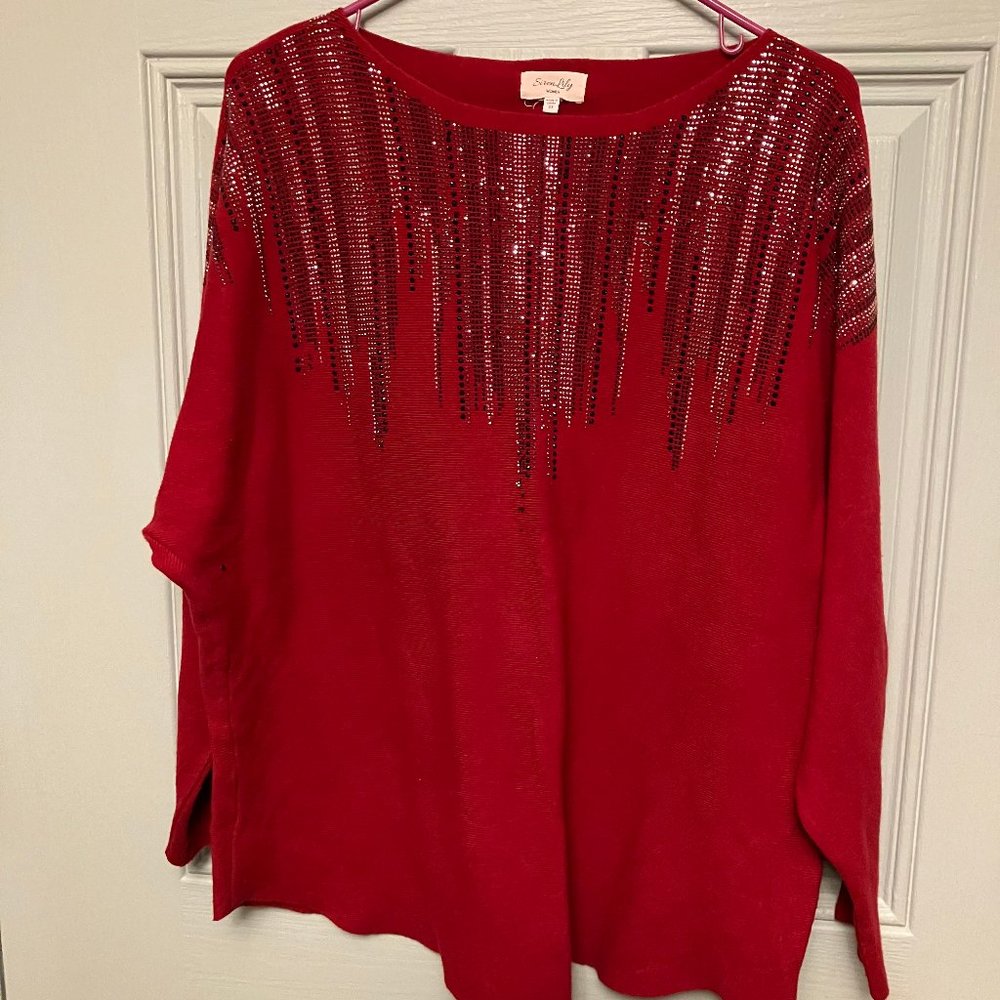 WOMEN'S BEAUTIFUL SIREN LILY BRAND, SIZE 2X, RED EMBELLISHED SWEATER
